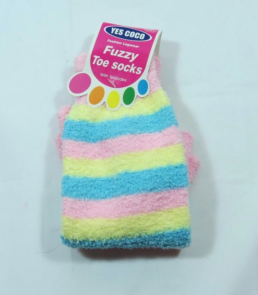 Toe Flip Flop Fuzzy Toe Socks soft Pink Yellow Teal Stripes Womans 9-11 H - Image 2 of 2