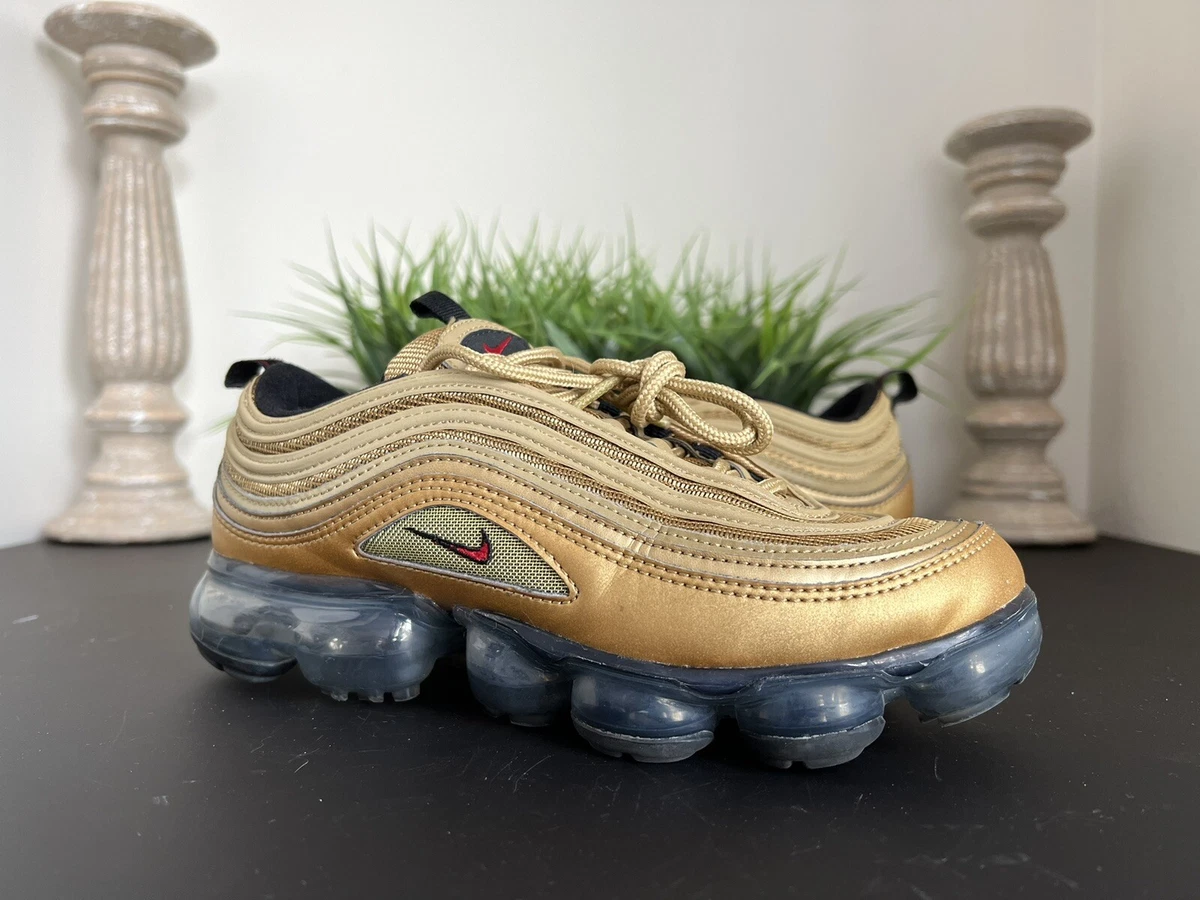 NIKE AIR VAPORMAX 97 USED SIZE 5.5Y GS METALLIC GOLD RED WHITE