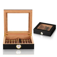 Black 20 Cigar Humidor Storage Box Desktop Glasstop With Humidifier Hygrometer