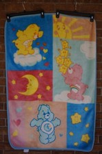 BLANKET Vtg CARE BEARS Star Moon Heart Bedtime Cheer Funshine Blue Furry Fuzzy