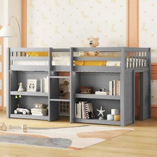 Twin Size Kids Low Loft Bed Full-Length Guardrail /Shelves for Kids Teens Gray