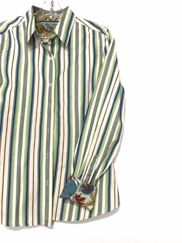 Women's Robert Graham Button Down Striped Flowers Green Tan Blue Brown SZ 10 - Picture 5 of 12