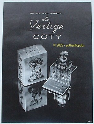 REKLAME COTY PARFUM LE VERTIGE SCHATULLE FLASCHE VON 1936 FRANZÖSISCHE ANZEIGE PUB SELTEN