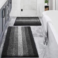 Black Bathroom Rug Set 2 Piece Chenille Non Slip Bath Mat Set Absorbent Showe...