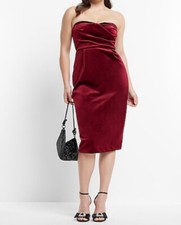 Express women Red Burgundy velvet strapless corset midi dress XS New Valentines