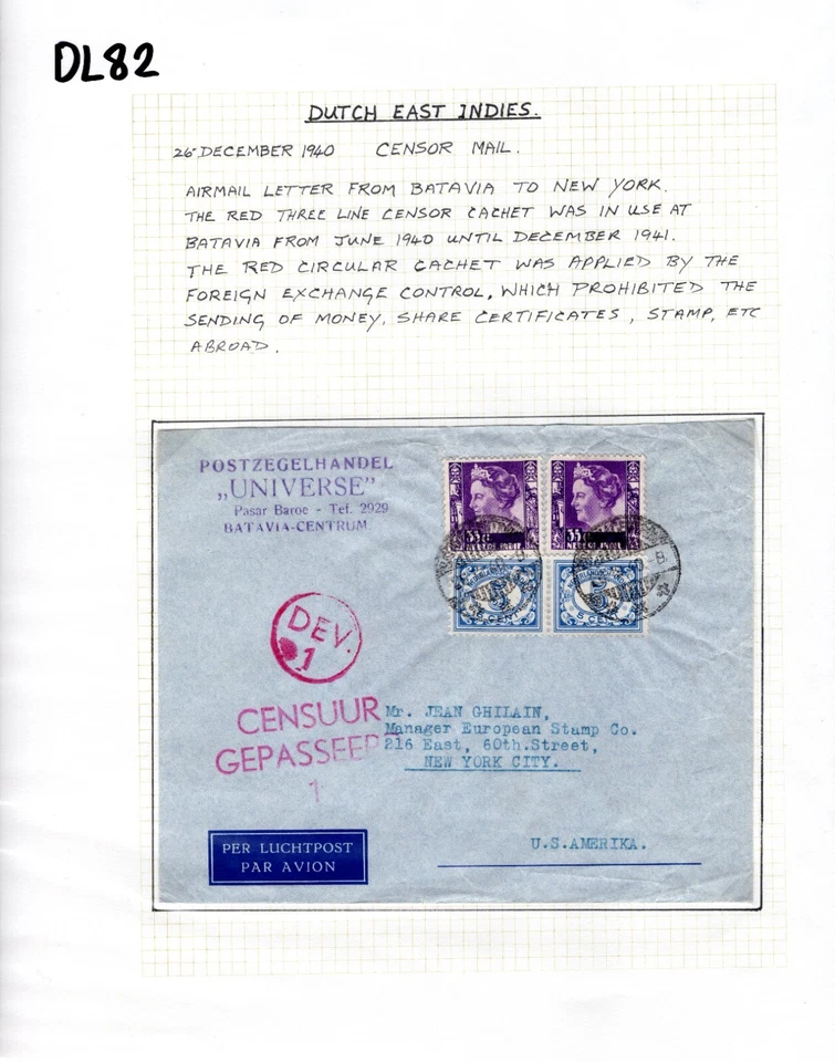 DUTCH EAST INDIES WW2 Cover 1940 Air Mail Batavia Censor *DEV/1* USA NYC DL82 - Image 4 of 4