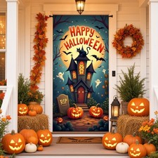 Happy Halloween Door Banner Haunted House Ghost Pumpkin Front Door Decor Plaque
