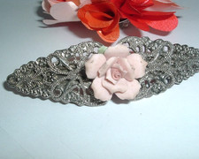 Vintage Pink Porcelain Rose Beaded Silver Art Nouveau Barrette