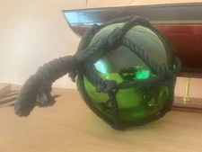 Green Japanese Glass Ball Fishing Float w/ Netting Nautical Decor 6" diameter