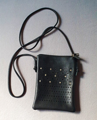 Women's Shoulder Bag Crossbody Black Faux Leather Perforated Zip Adjustable