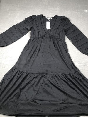 Boden Dress Womens 6 Black V Neck Balloon Sleeve Lace Fit Flare Midi NWT