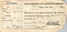 1909 Manhattan Life Insurance Premium Receipt New York GM Tice Signed Document