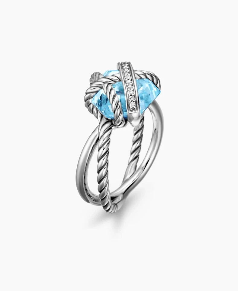 Anillo David Yurman Plata de Ley Cabl Talla 6 con Topacio Azul y Diamantes Foto 2 de 4