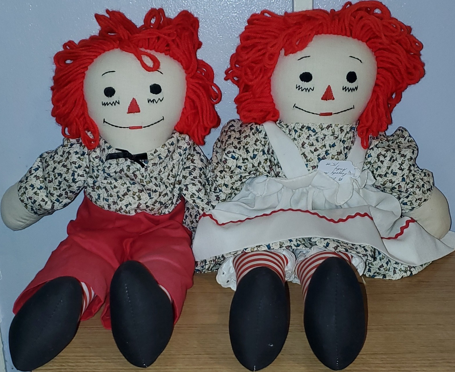 Raggedy Ann & Andy Handcrafted Cloth Dolls Pair Red Yarn Hair Removable Clothes