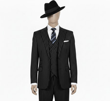 Men's black Pinstripe 3-Piece Suit Slim fit One Button Gangster Stripped Suits