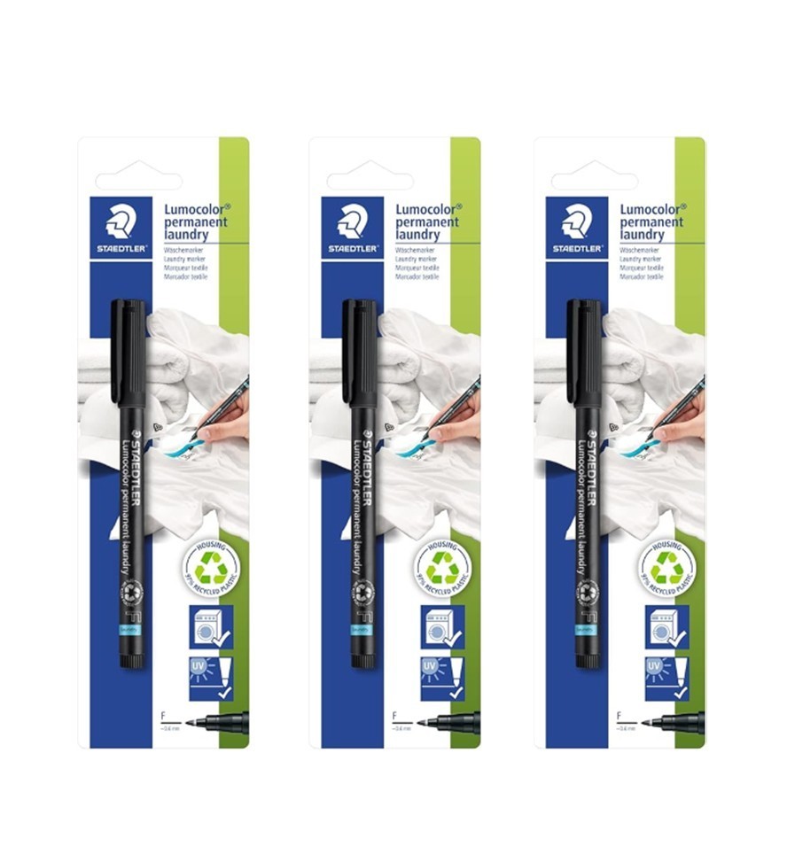 STAEDTLER 3 Pack of Lumocolor Permanent Laundry Marker Pen, Fine Tip - Black