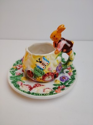 Vintage 1999 Merc Asia Porcelain Bunny Rabbit Garden Tea Party Cup & Saucer