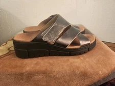 Vionic Uptown Sunset Womens 8 Gun Metal Leather Strappy Wedge Slides  #44