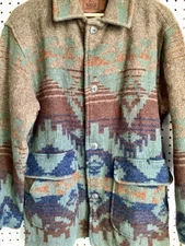 Vintage Woolrich Wool Blanket Coat Southwest Aztec USA Aztec Western Mens Sz Med