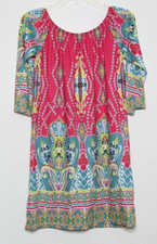 Military Hippie Womens Rose Red Dress Paisley Stretch Off Shoulder 3/4 Sleeve M