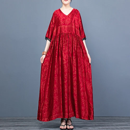 Damen schickes bedrucktes Kleid Seide V-Ausschnitt Oversize Kleid lang Maxi Morgenmantel - Bild 1 von 24