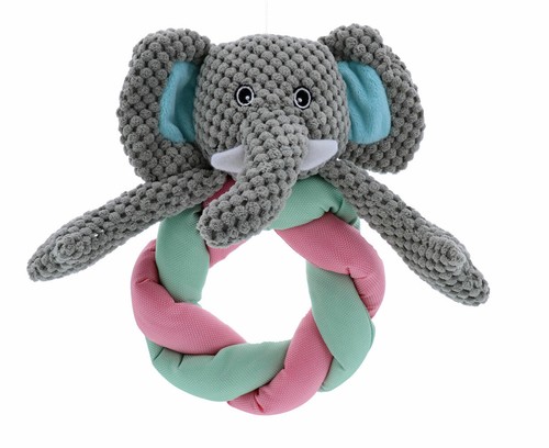 Braided Ring Dog Toys Soft Cuddle Corduroy Squeaker Choose Elephant or Monkey 8" - Picture 10 of 14
