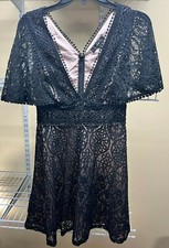 Lulus Black Lace Detail Lined Bodycon Flare Dress Flutter Sleeve X-Small NWOT