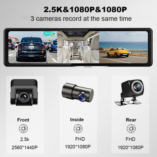12 Inch 3 Channel Dash Cam Carplay & Android Auto 2.5K wifi GPS Rearview Mirror - Picture 2 of 15