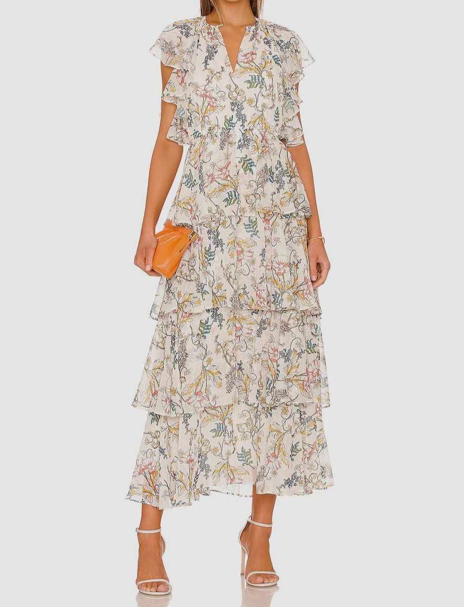 $698 AMUR Womens White Landon Tiered-Ruffle Floral Recycled Chiffon Dress  Size 2 | eBay
