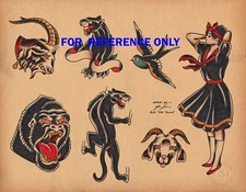 VINTAGE Ram Black Cat Bird Lady Gorilla Ape Colored TATTOO Flash Print
