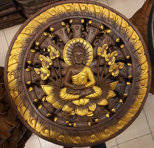 Wood Buddha Wall Art Hanging Thai Gold Antique Style Hand Carved Home Decor 18in - 第 1/6 張圖片