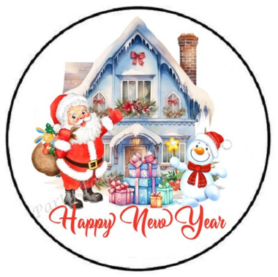 HAPPY NEW YEAR CHRISTMAS SANTA HOUSE ENVELOPE SEALS LABELS STICKERS PARTY FAVORS