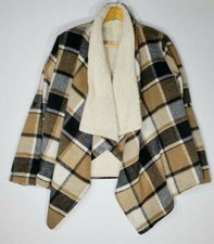 She + Sky Womens Open Front Drape Jacket Black Beige Plaid Lined Roll Tab S