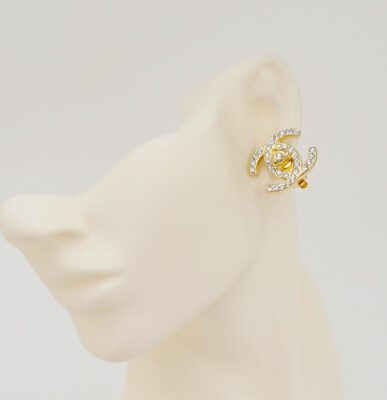 CHANEL CC Logos Rhinestone Large Turnlock Clip-On Earrings Gold