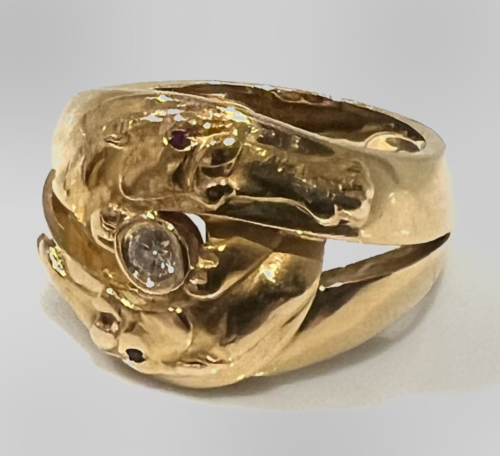 Carrera y Carrera 18k Ring Panthers Chunky Yellow Gold, Natural Diamond & Ruby