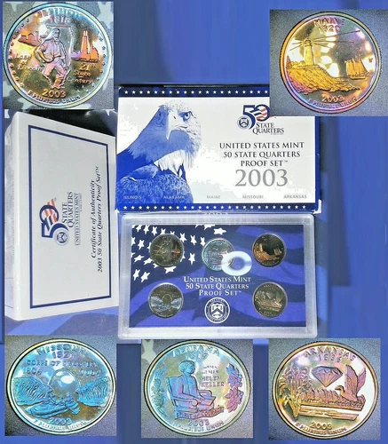 2003 S RAINBOW TONED Proof Quarter 5 COIN SET WOW!