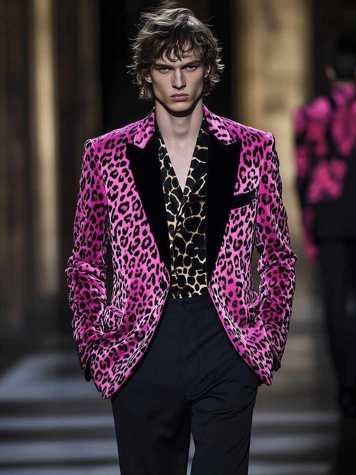 Classic Men Blazer Peak Lapel Leopard Print Fashion Show