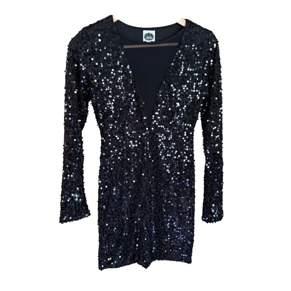 Vestido de lentejuelas negro Y2K Deb para mujer cuello en V profundo retro caprichoso morqueta talla S Foto 2 de 4