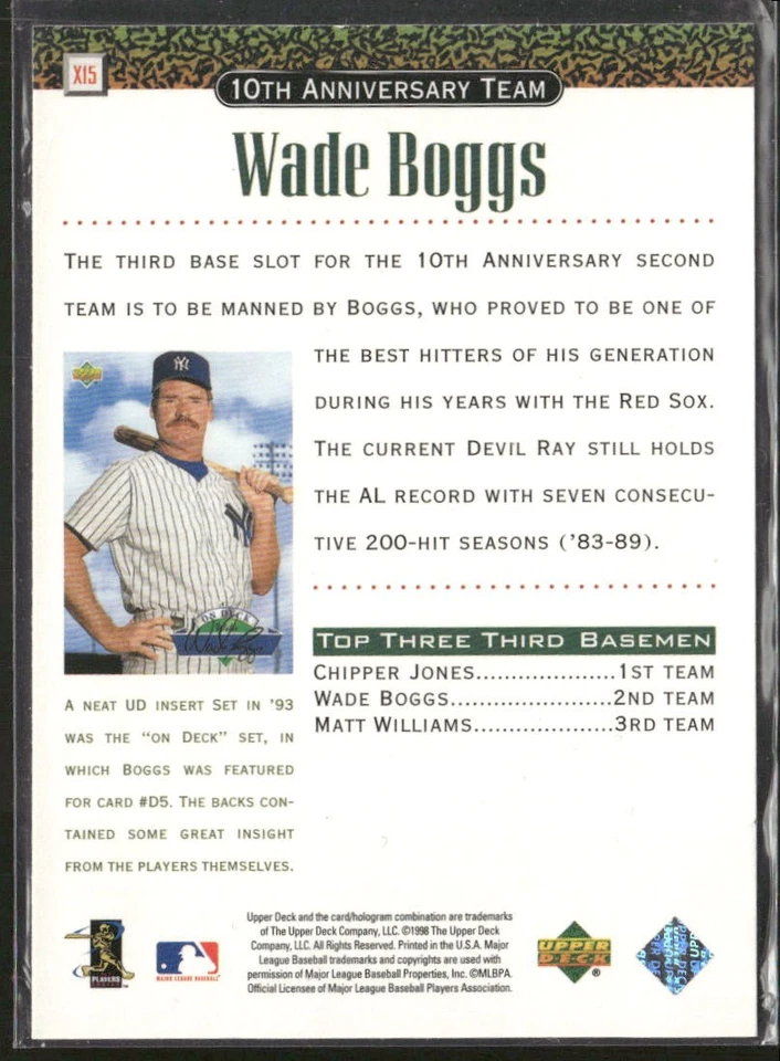 1999 Upper Deck Wade Boggs 10th Anniversary Team #X15 Tampa Bay Devil Rays - Image 2 of 2