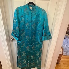 Vintage Chinese Silk Brocade Robe Turquoise Crane Floral Frog Knot Long Duster