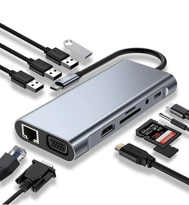 USB C HUB, Dockingstation, 11-in-1 USB C Adapter mit 4K-HDMI, VGA, USB 3.0 LAN