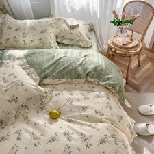 Reversible Green Floral Duvet Cover Set Queen Size 100 Cotton Botanical Bedding