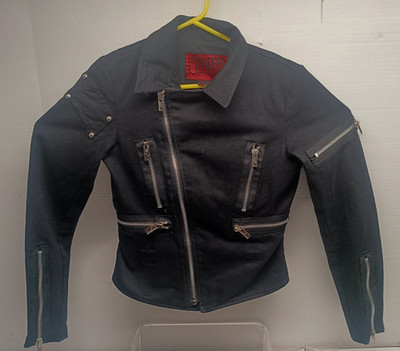 Tripp NYC Black Moto Zippered Pockets Y2K Embellished Jean Jacket Women's SZ S