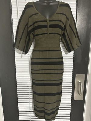 Gabrielle Union Olive Black Striped Knit Sweater Midi Dress V-Neck (XS)