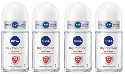 4 Pack Nivea 72H Dry Comfort Roll On Anti Perspirant Travel Pocket Size