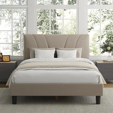 Queen Bed Frame, Upholstered Platform Bed Frame with Adjustable Headboard, Wood