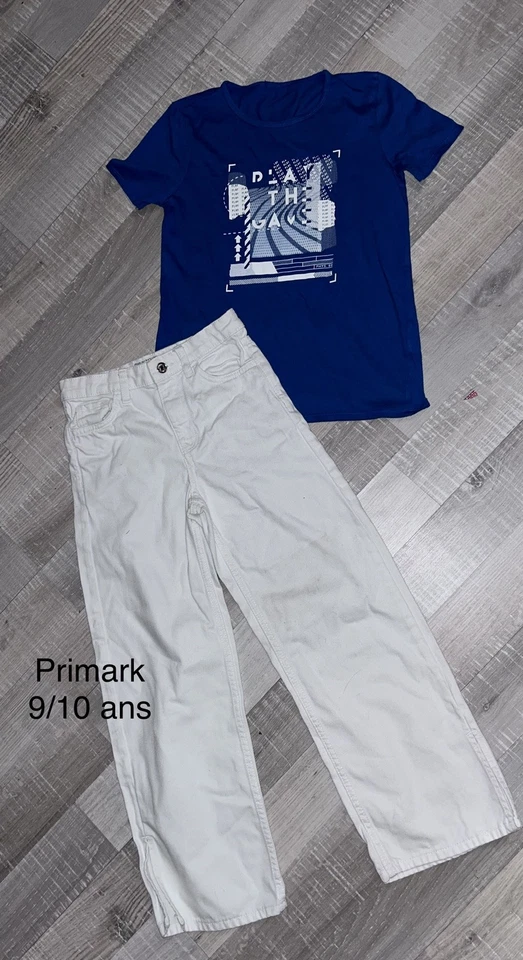 Primark 9 / 10 Ans Fille : ENSEMBLE Pantalon Blanc + T SHIRT Bleu TBE - Photo 1/1