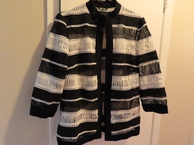 Misook Black White Lace Knit Jacket 3/4 Sleeve Women's Mid Length Elegant Top