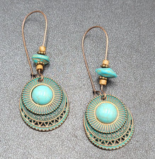 Boho Pierced Earrings Faux Green Patina Copper tone Turquoise Bead 2.5"