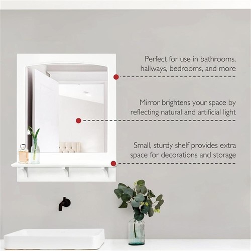 Concord Bathroom Vanity Wall Mirror Wood Framed with Shelf in White 24-Inch - Picture 4 of 7